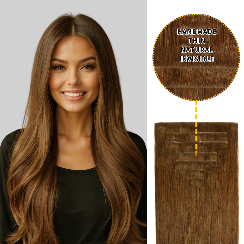 Model wearing seamless clip-in hair extensions invisible clip-ins  7Pcs 16 Clips (#6 Medium Brown)