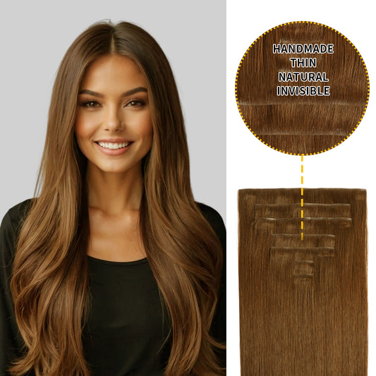 Model wearing seamless clip-in hair extensions invisible clip-ins  7Pcs 16 Clips (#6 Medium Brown)