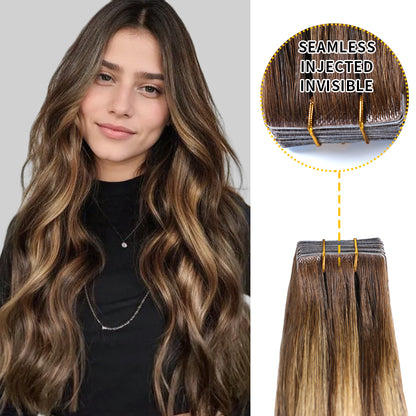 Model showcasing invisible tape in hair extensions 20Pcs virgin human hair  (P4/27/T4)