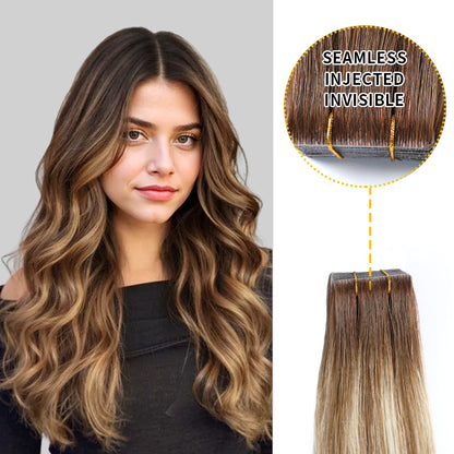 Model showcasing invisible tape in hair extensions 20Pcs virgin human hair (P6/613/T4)