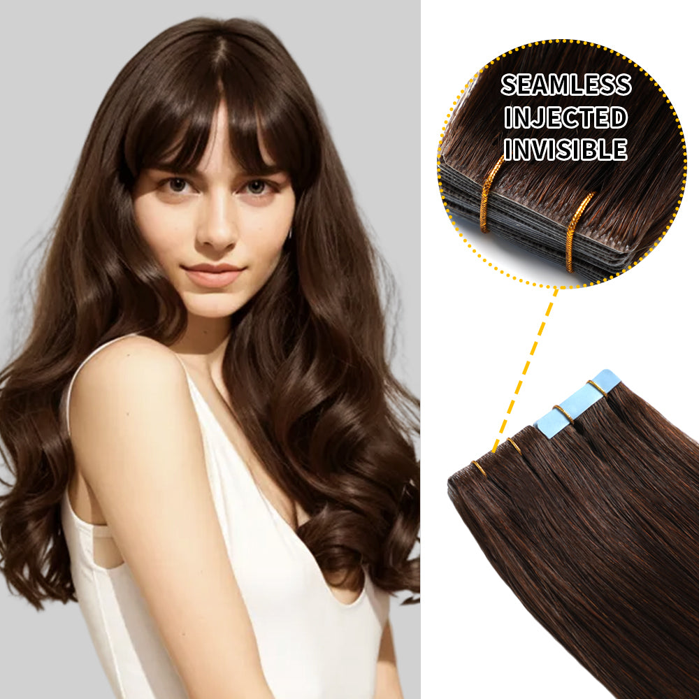 Model showcasing invisible tape in hair extensions 20Pcs virgin human hair(#2 Darkest Brown)