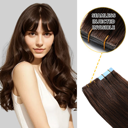 Model showcasing invisible tape in hair extensions 20Pcs virgin human hair(#2 Darkest Brown)