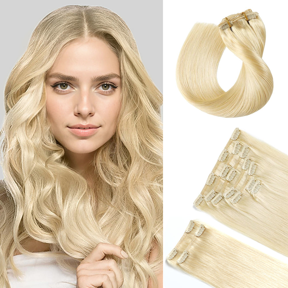 Model wearing classic clip-in hair extensions 9Pcs 20 Clips (#613 Bleach Blonde)