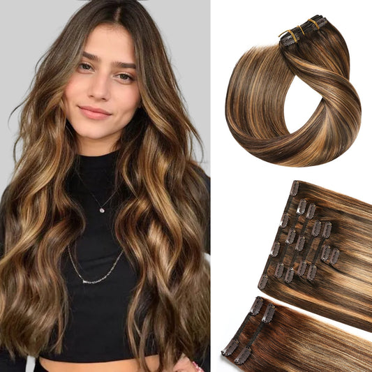 Model wearing  classic clip-in hair extensions 9Pcs 20 Clips (#P4/27/T4)