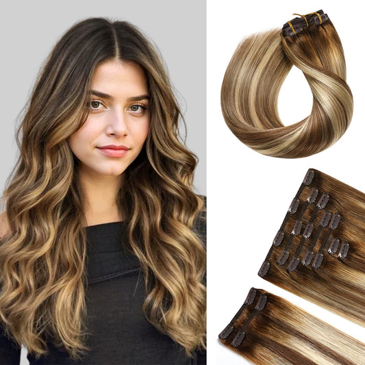 Model wearing  classic clip-in hair extensions 9Pcs 20 Clips (#P6/613/T4)