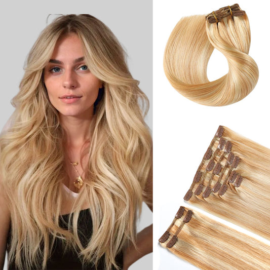 Model wearing  classic clip-in hair extensions 9Pcs 20 Clips (#P27/613)