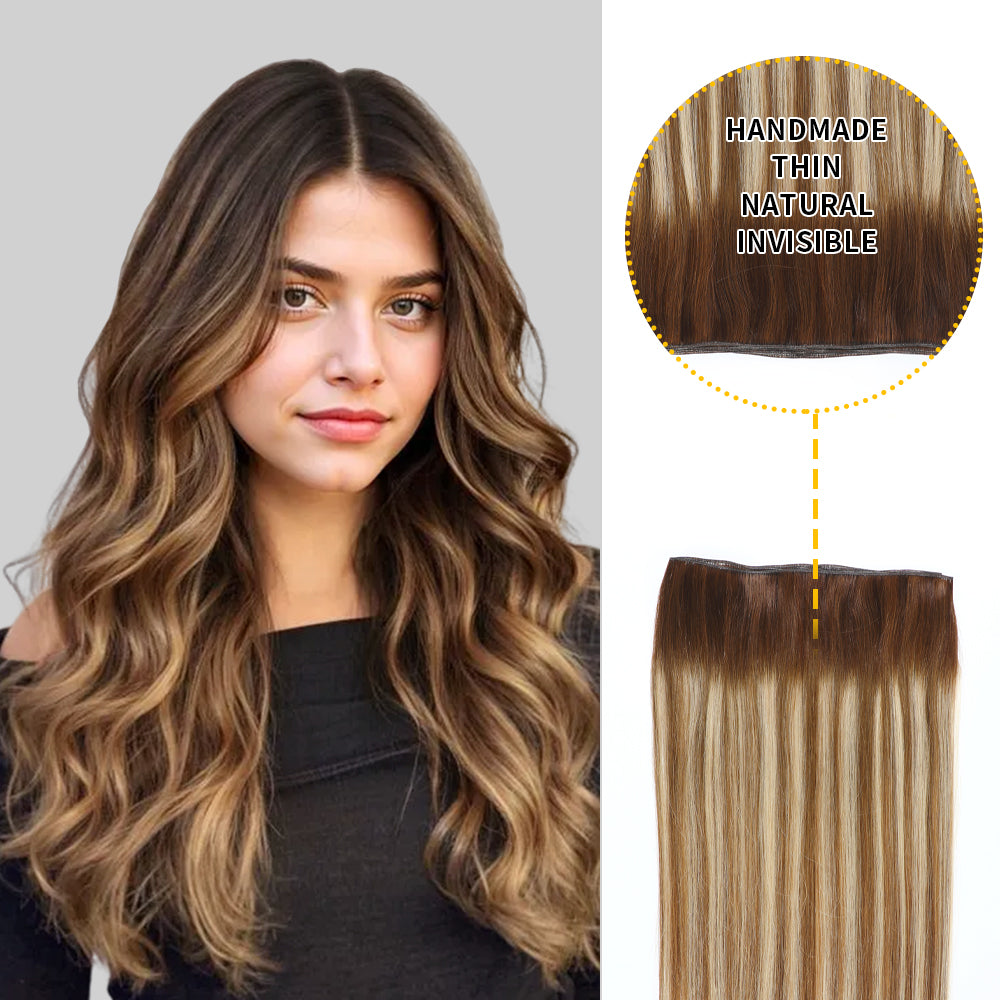 Model showcasing genius weft 2Pcs in color #P6/613/T4, and a close-up of the invisible thin weft   