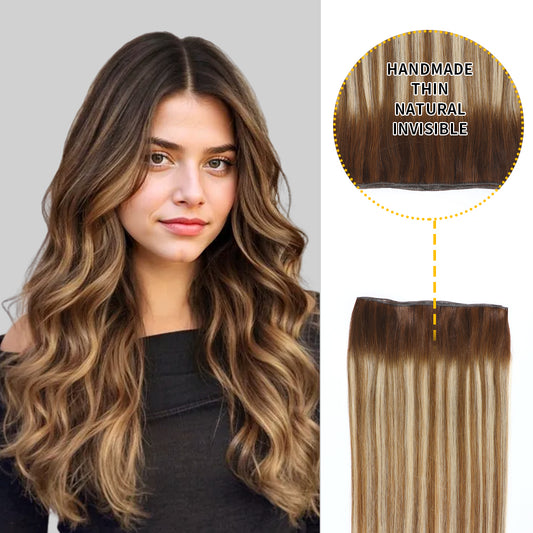 Model showcasing genius weft 1Pc in color #P6/613/T4, and a close-up of the invisible thin weft   