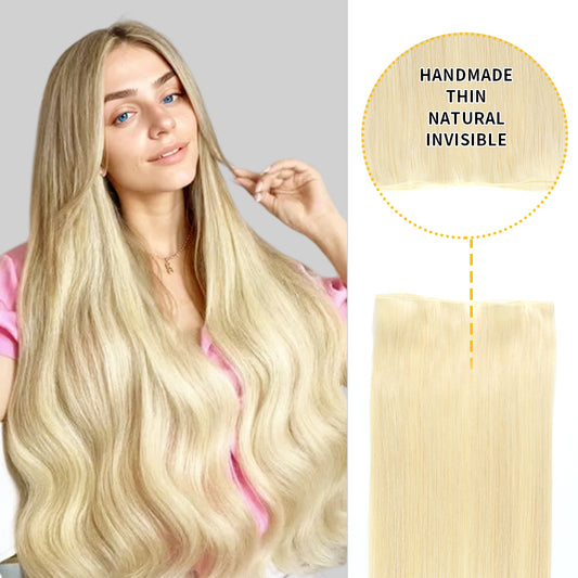 Model showcasing genius weft 2Pcs in color #60, and a close-up of the invisible thin weft
