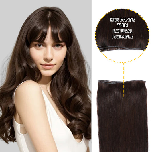 Model showcasing genius weft 1Pc in color #2, and a close-up of the invisible thin weft