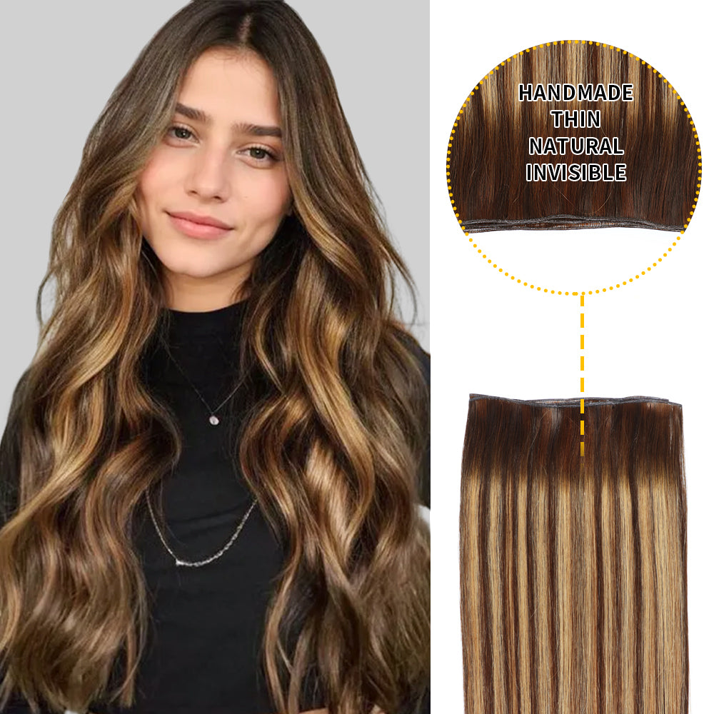 Model showcasing genius weft 2Pcs in color #P4/27/T4, and a close-up of the invisible thin weft 