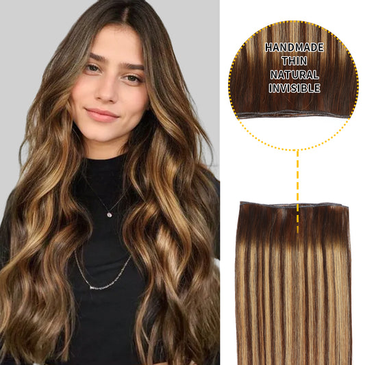 Model showcasing genius weft 2Pcs in color #P4/27/T4, and a close-up of the invisible thin weft 