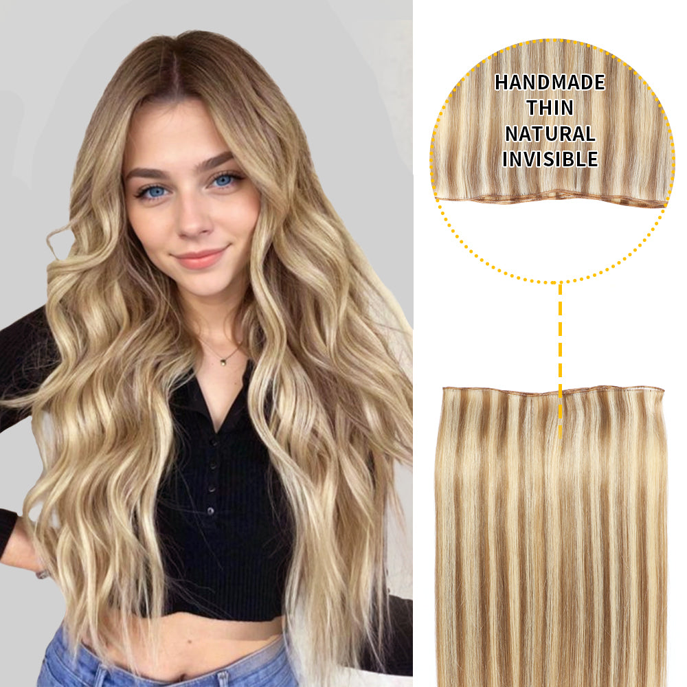 Model showcasing genius weft 1Pc in color #P18/613, and a close-up of the invisible thin weft 