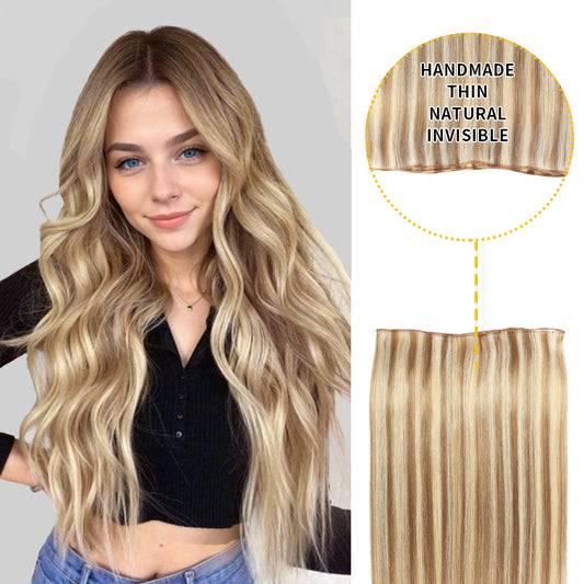 Model showcasing genius weft 1Pc in color #P18/613, and a close-up of the invisible thin weft 