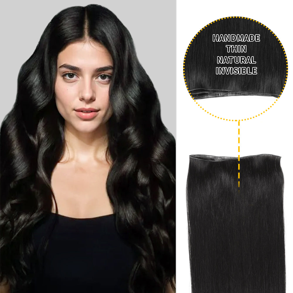 Model showcasing genius weft 1Pc in color #1 Jet Black, and a close-up of the invisible thin weft 