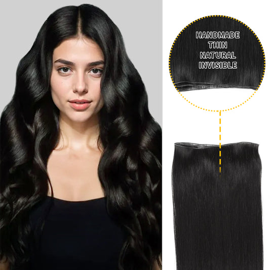 Model showcasing genius weft 1Pc in color #1 Jet Black, and a close-up of the invisible thin weft 