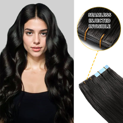 Model wearing seamless invisible tape in hair extensions 20Pcs (#1 )