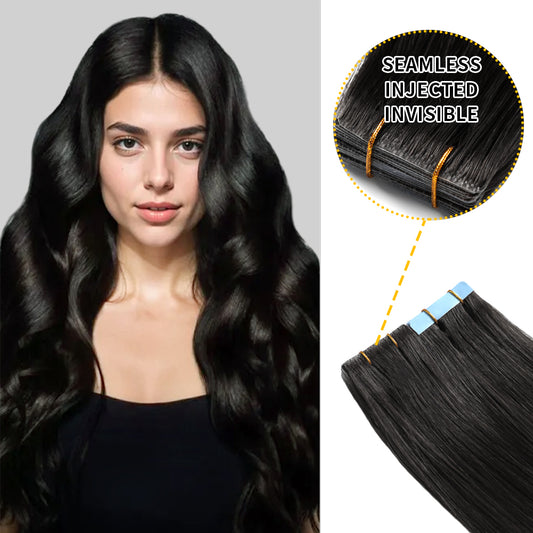 Model wearing seamless invisible tape in hair extensions 20Pcs (#1 )