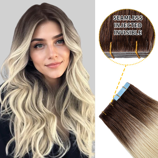 Model wearing seamless invisible tape in hair extensions 20Pcs (T2/60)