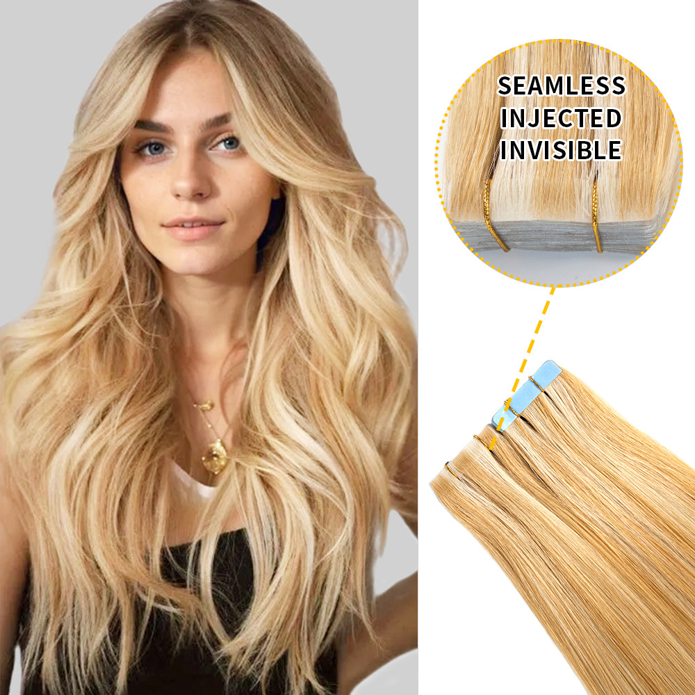 Model wearing seamless invisible tape in hair extensions 20Pcs (P27/613)