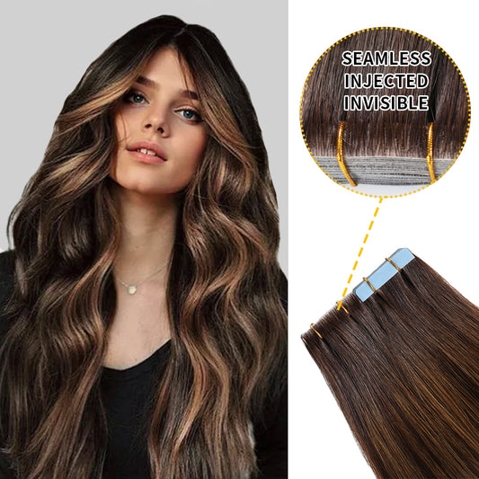 Model wearing seamless invisible tape in hair extensions 20Pcs (P2/6/T2)
