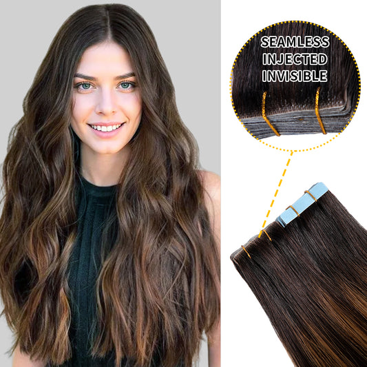 Model wearing seamless invisible tape in hair extensions 20Pcs (P1B/6/TIB)