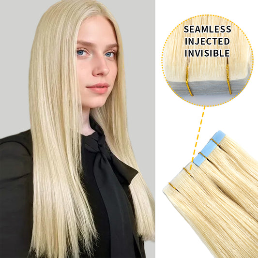 Model wearing seamless invisible tape in hair extensions 20Pcs (#613)