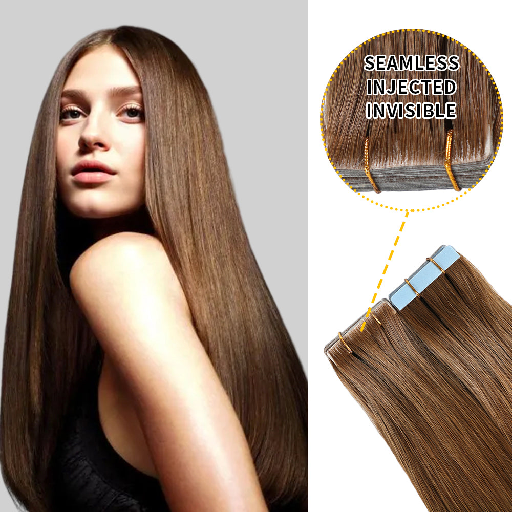 Model wearing seamless invisible tape in hair extensions 20Pcs (#6)