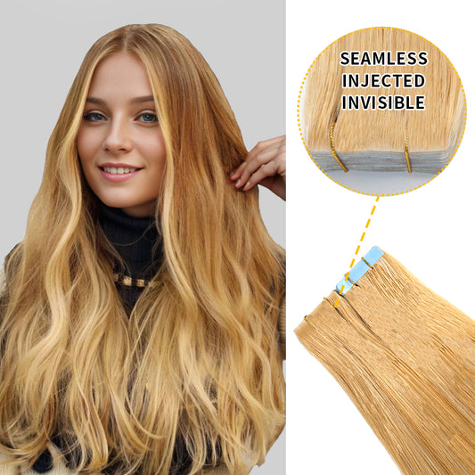 Model wearing seamless invisible tape in hair extensions 20Pcs (#27)