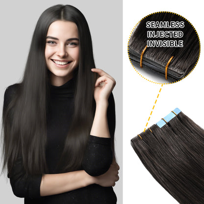 Model wearing seamless invisible tape in hair extensions 20Pcs (#1B )