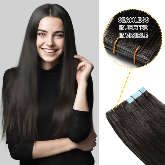 Model wearing seamless invisible tape in hair extensions 20Pcs (#1B )