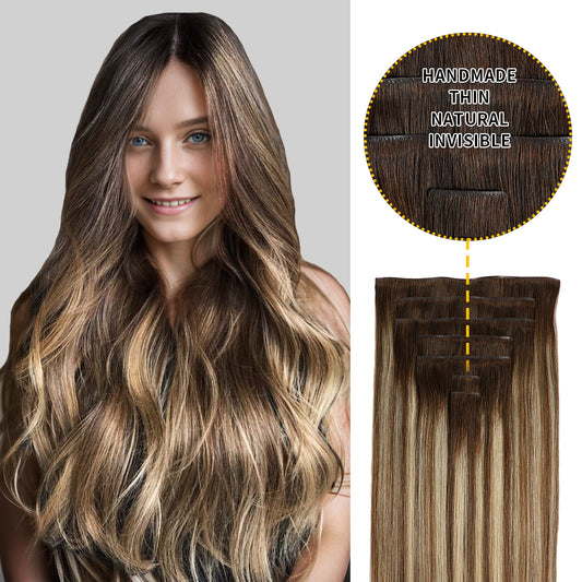 Realmhair Seamless Injected Hand-Tied Invisible Clip-ins 7Pcs 16 Clips Virgin Human Hair (#P6/613/T4)
