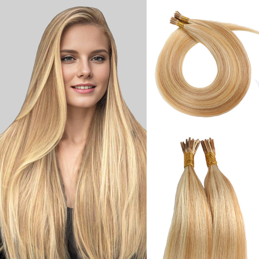 Model wearing Realmhair U Tip hair extensions (#P27/613?)