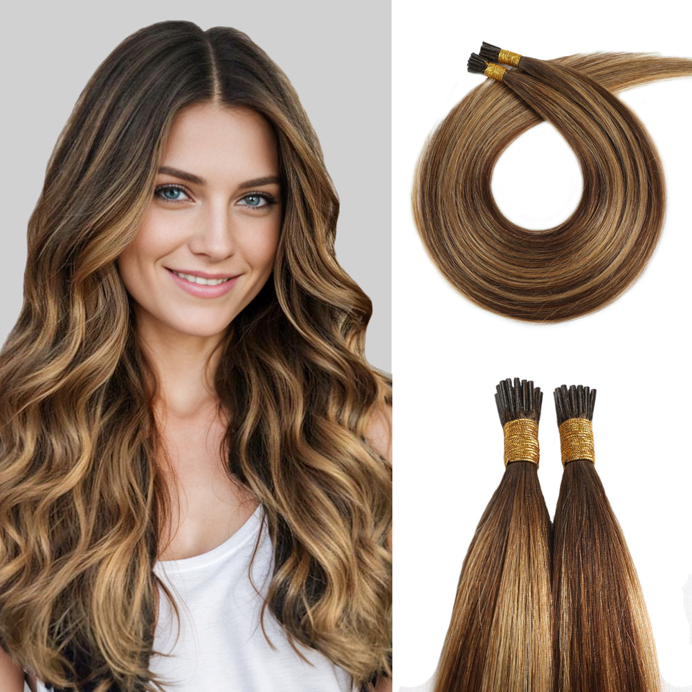Model wearing Realmhair I Tip hair extensions (#P4/27/T4)
