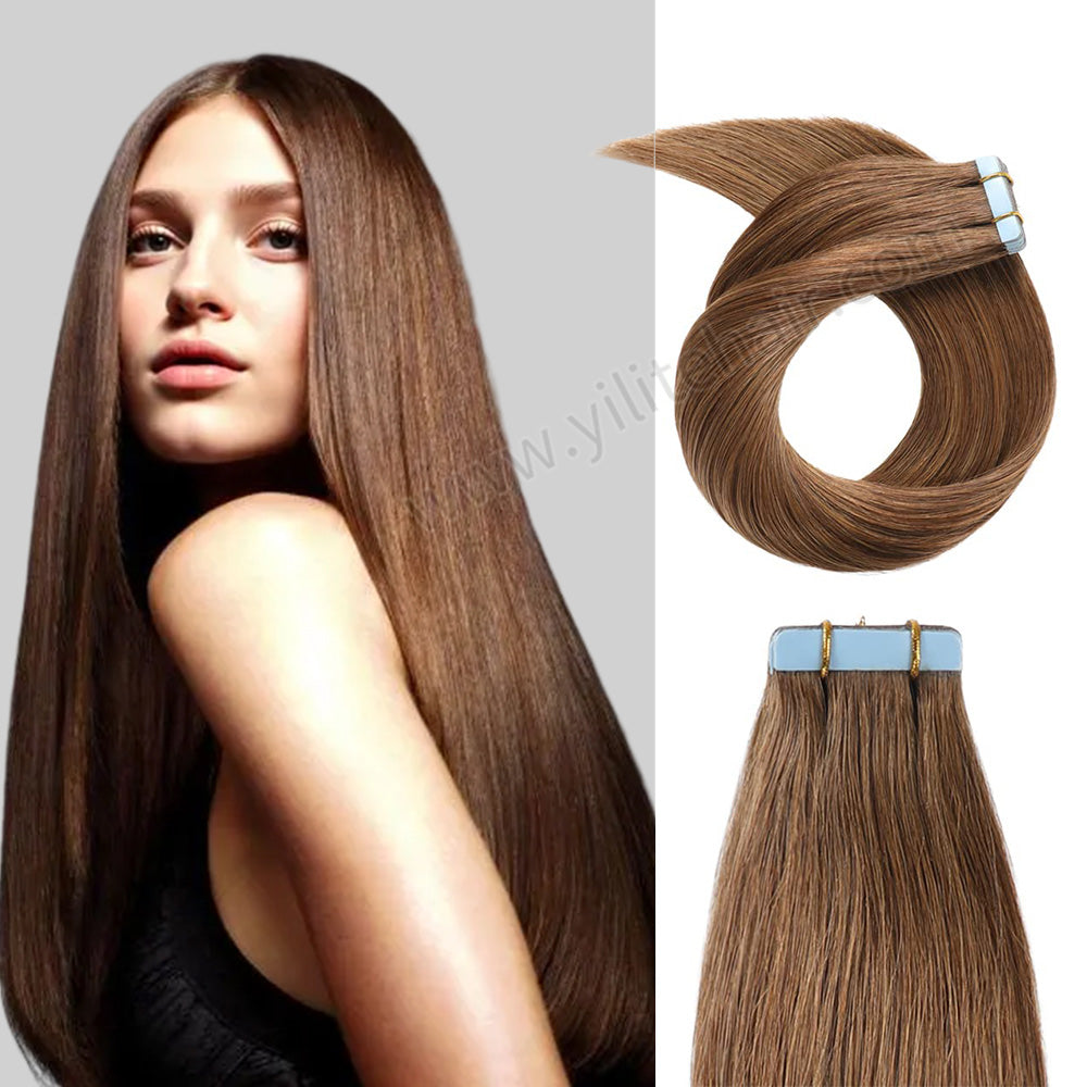 Realmhair Tape In Hair Extensions Tape Ins Invisible Natural Remy Human Hair (#6 Chestnut Brown) 