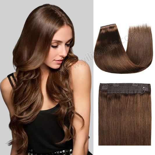 Model showcasing wire extensions in color #4, and a close-up of the hair extensions