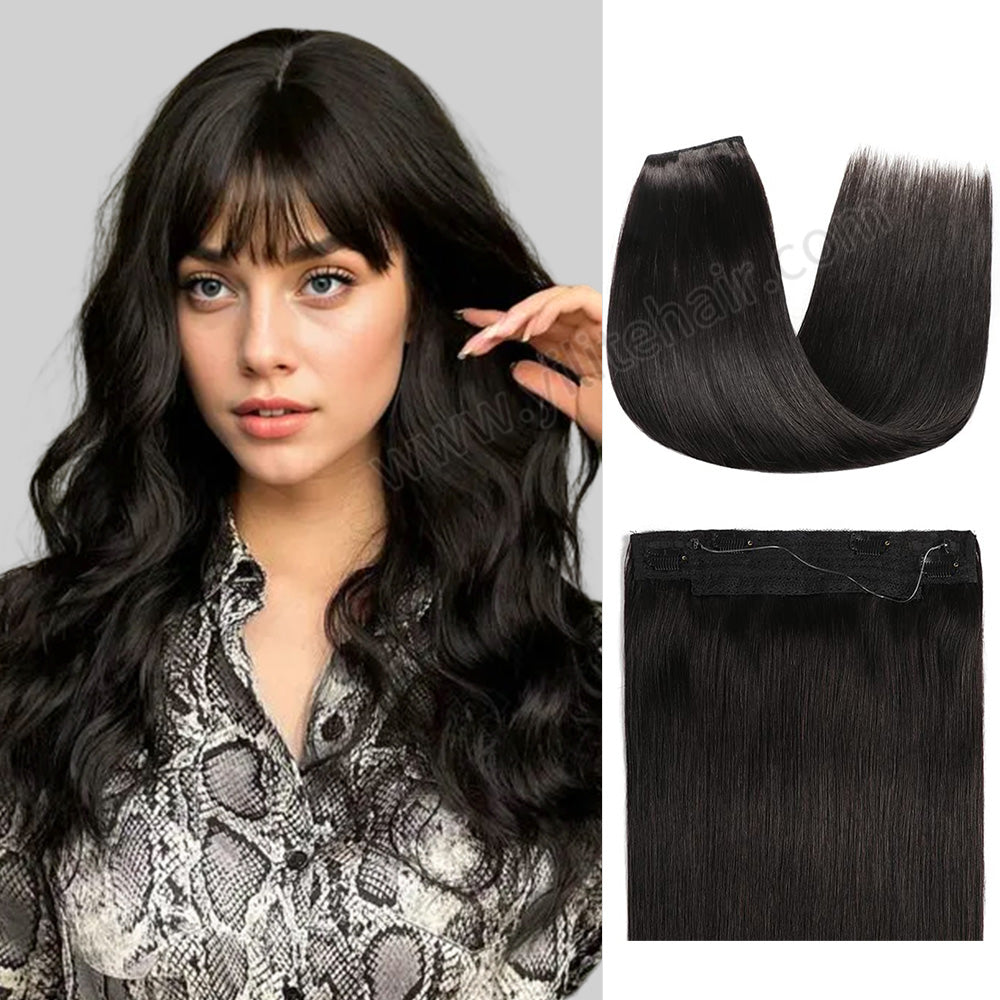 Model showcasing wire extensions in color #1B, and a close-up of the hair extensions 
