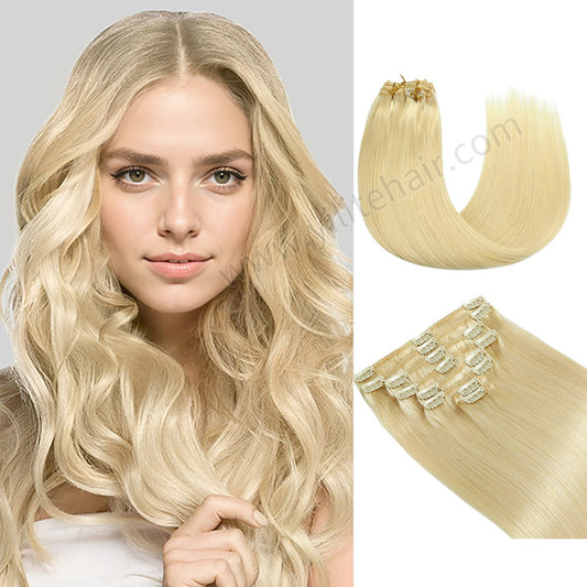 Model wearing classic clip-in hair extensions 8Pcs 18 clips #613 Bleach Blonde)