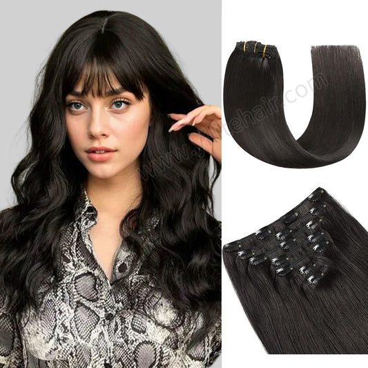 Model wearing classic clip-in hair extensions 7Pcs 16 clips (#1B Natural Black)  