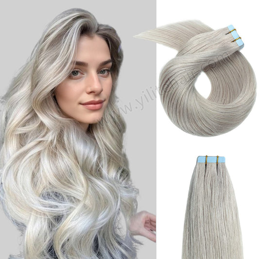Realmhair Tape In Hair Extensions Tape Ins Invisible Natural Remy Human Hair (#Silver)-Realmhairhair