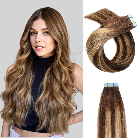 Realmhair Tape In Hair Extensions Tape Ins Invisible Natural Remy Human Hair (#P4/27/T4)-Realmhairhair