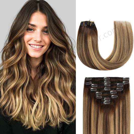 Realmhair Clip In Hair Extensions Human Hair Invisible Natural Remy Human Hair (#T4/27/P4)