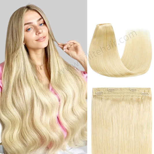 Model showcasing wire extensions in color #60, and a close-up of the hair extensions 