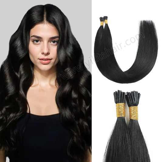 Model wearing Realmhair I Tip hair extensions (#1 Jet Black) 