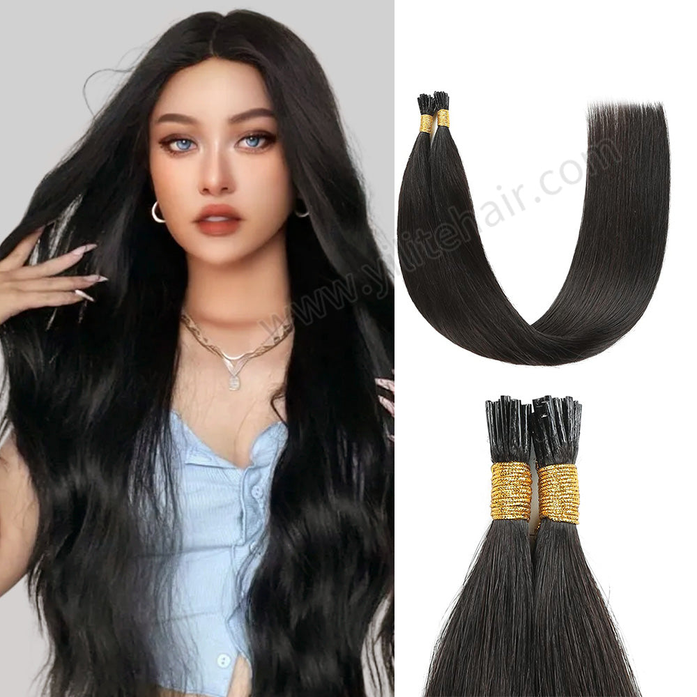 Model wearing Realmhair I Tip hair extensions  (#1B Natural Black) 