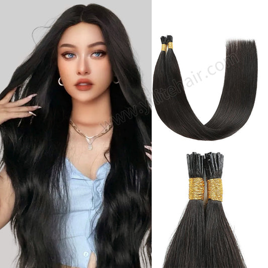 Model wearing Realmhair I Tip hair extensions  (#1B Natural Black) 