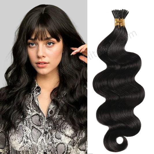 Model wearing Realmhair I Tip hair body wave extensions (#1B Natural Black)
