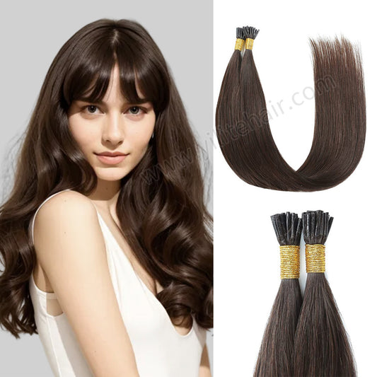 Model wearing Realmhair I Tip hair extensions  (#2?Darkest?Brown) 