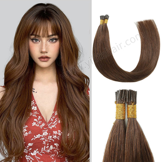 Model wearing Realmhair I Tip hair extensions (#4 Chocolate Brown)