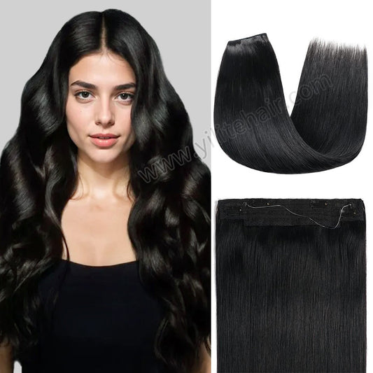 Model showcasing wire extensions in color #1 Jet Black, and a close-up of the hair extensions 